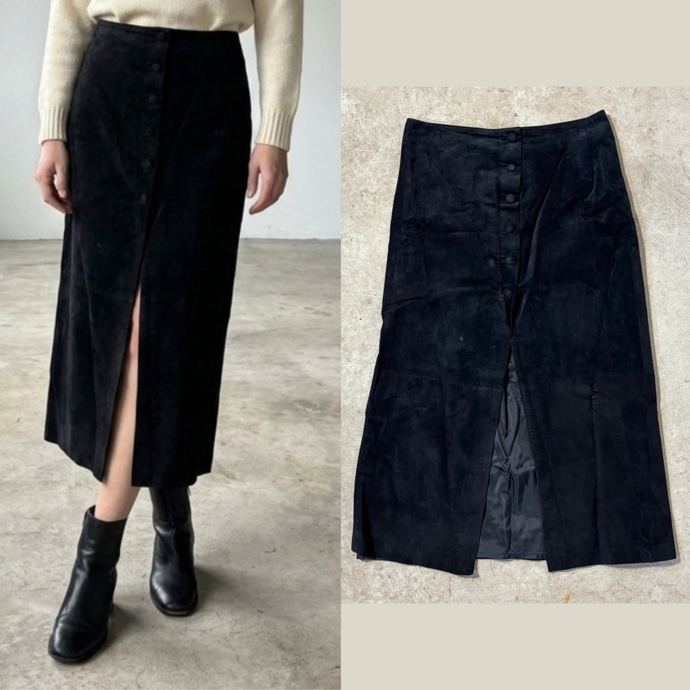Vintage Reitmans Suede Skirt Women's Size 11 Black Snap Closure Slit Midi Maxi